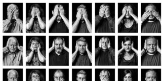 Fotografie di Elia Falaschi che ritraggono attivisti, giornalisti e personaggi importanti dell'antimafia nella tipica posa "non vedo, non sento, non parlo" in bianco e nero