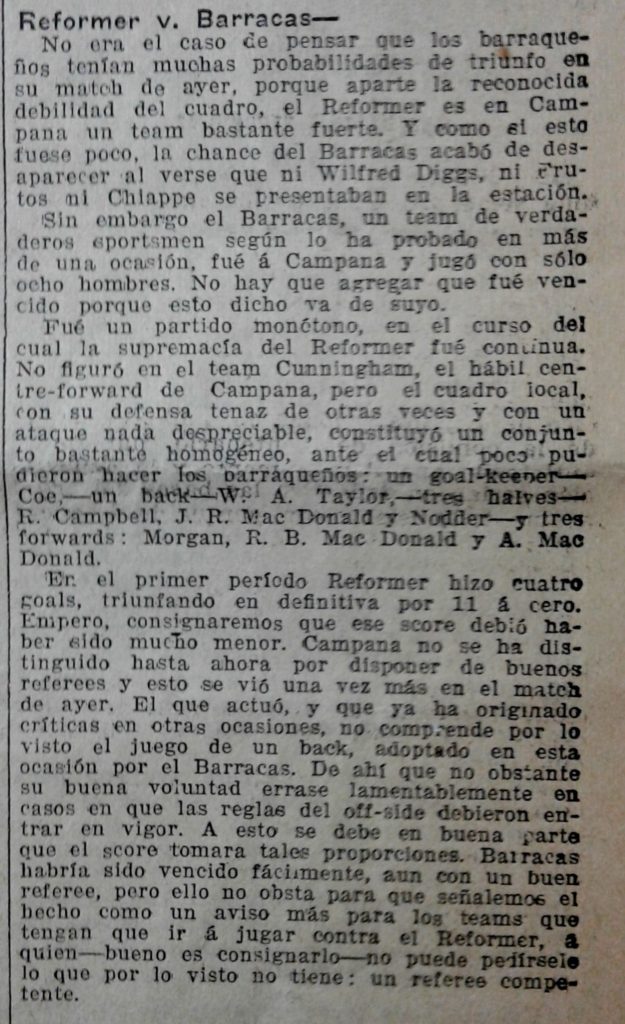 Un trafiletto sulla partita tra Reformer e Barracas