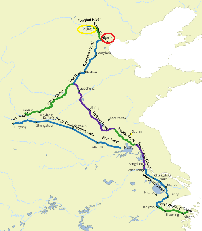 La posizione di Tianjin sul Grande Canale di Cina. Posizione strategica anche per la futura concessione di Tianjin.