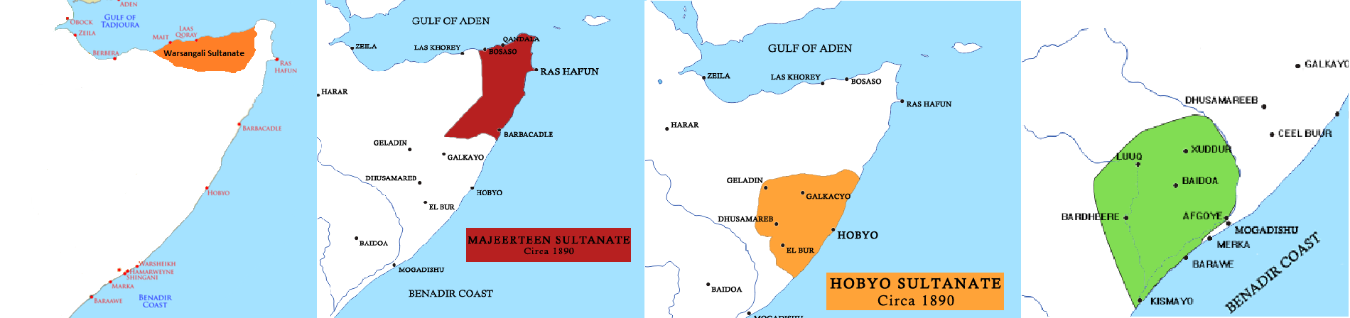 La posizione dei sultanati di Warsangali, Majeerteen, Hobyo e Geledi prima dell'avvento europeo