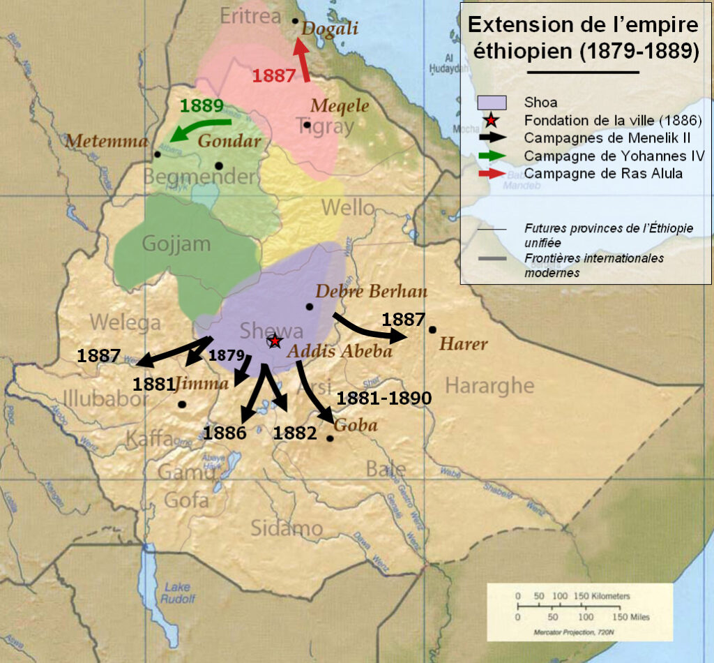 L'espansione etiope durante i regni di Yohannes IV, Menelik II. In rosso le campagna di Ras Alula, il "Garibaldi Abissino" della storia dell'Etiopia