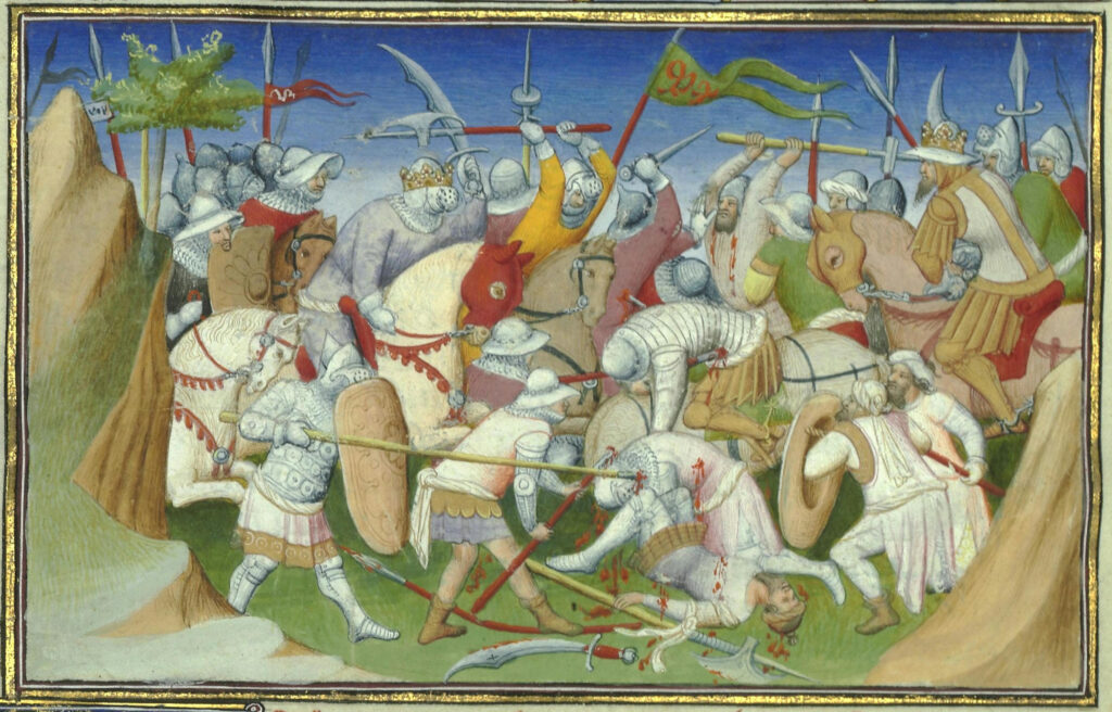 Rappresentazione francese dello scontro tra le forze del Ghazi (a destra) e del Negus (a sinistra), dal Libro delle Meraviglie, XV secolo