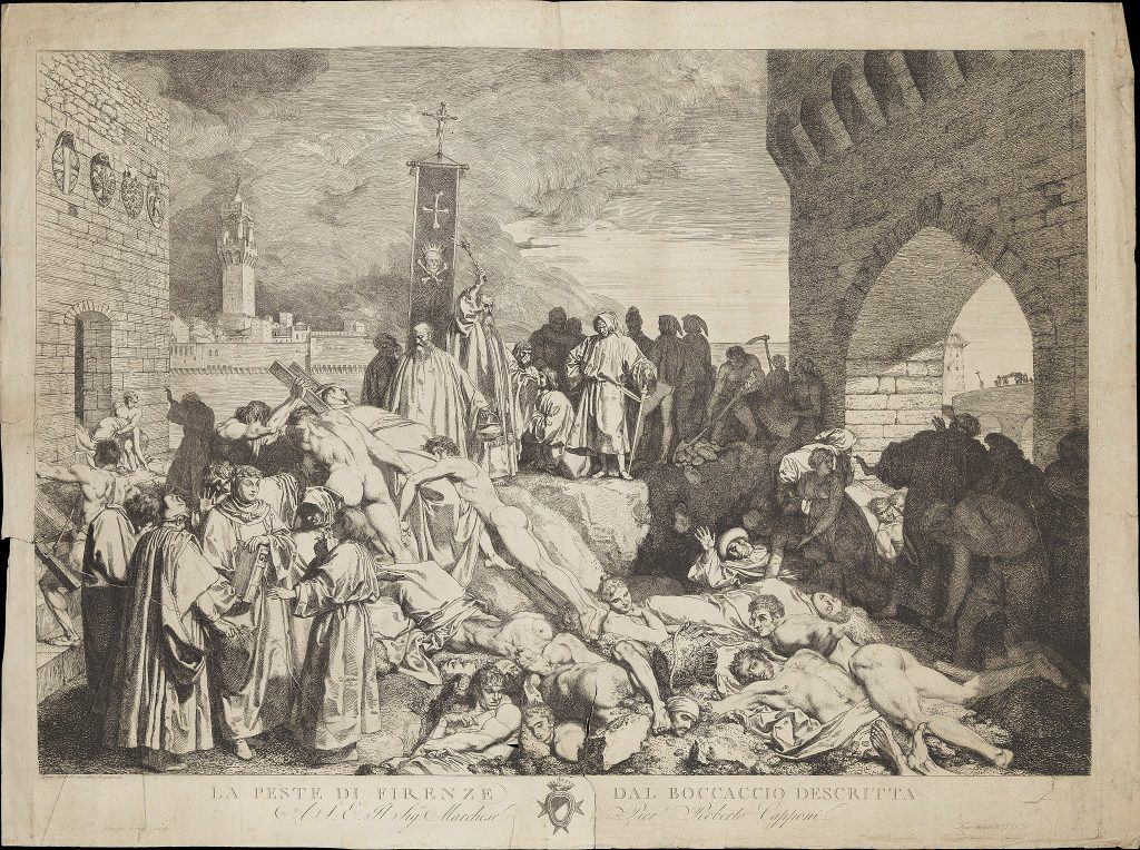 Illustrazione della peste nera del 1300 dal Decameron, di Giovanni Boccaccio. Wllcome collection gallery/Wikimedia Commons
