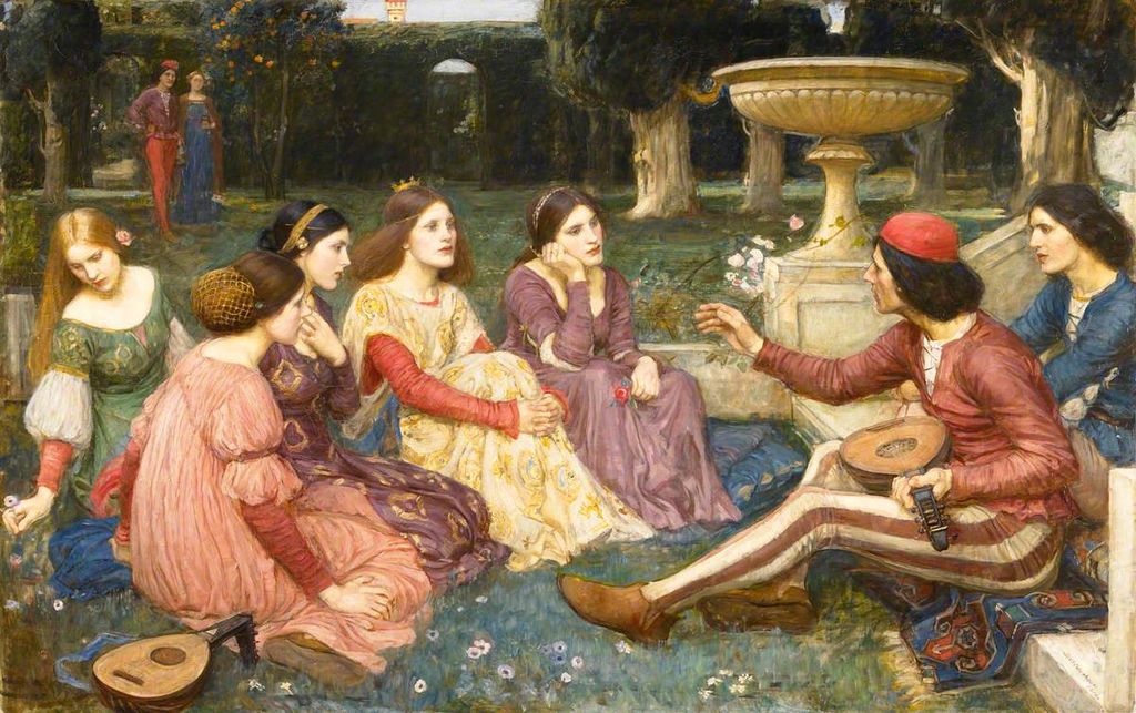 Rappresentazione del Decameron, scritto da Boccaccio durante La peste nera. John William Waterhouse/Wikimedia Commons